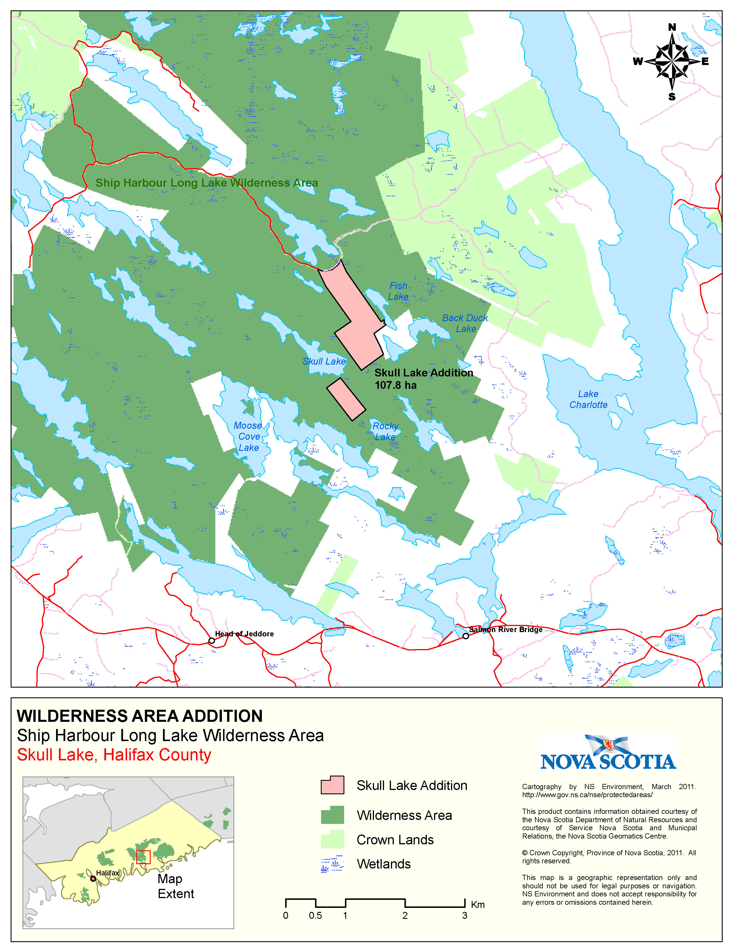 Graphic showing map of Boundaries of Crown Land at  Skull Lake, Halifax County Addition to Ship Harbour Long Lake Wilderness Area